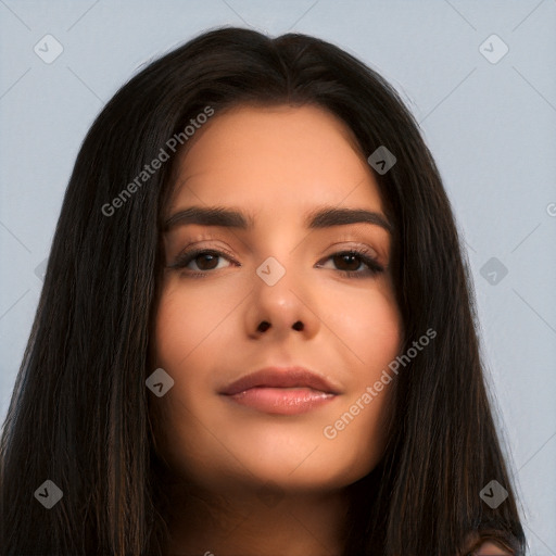 Neutral asian young-adult female with long  brown hair and brown eyes