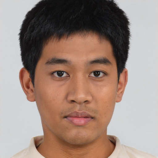 Neutral asian young-adult male with short  black hair and brown eyes