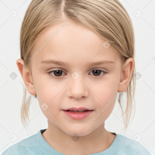 Joyful white child female with medium  brown hair and brown eyes