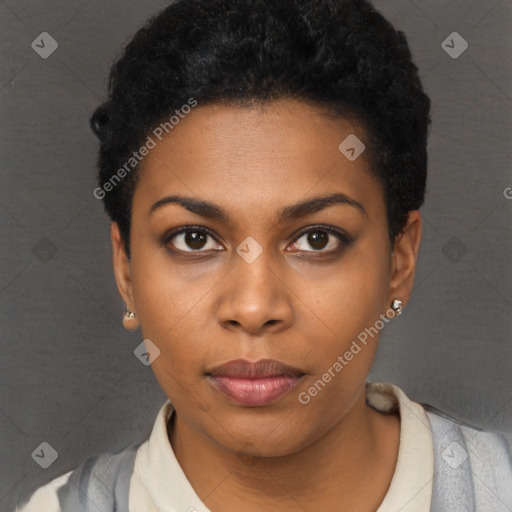 Neutral black young-adult female with short  black hair and brown eyes