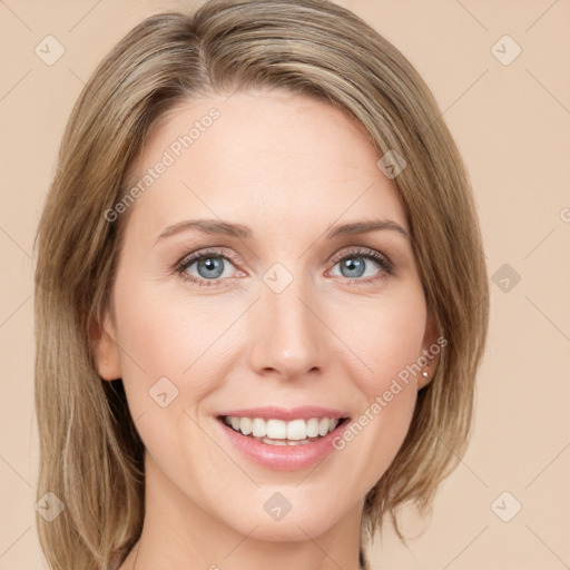 Joyful white young-adult female with medium  brown hair and green eyes