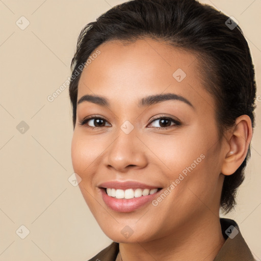 Joyful white young-adult female with long  brown hair and brown eyes