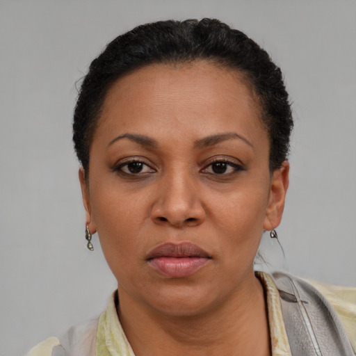 Neutral black adult female with short  brown hair and brown eyes