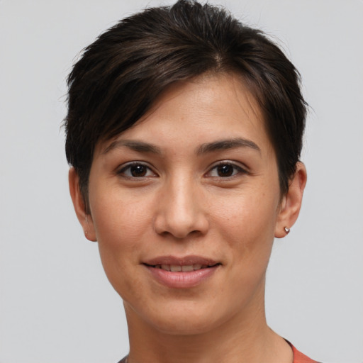 Joyful white young-adult female with short  brown hair and brown eyes