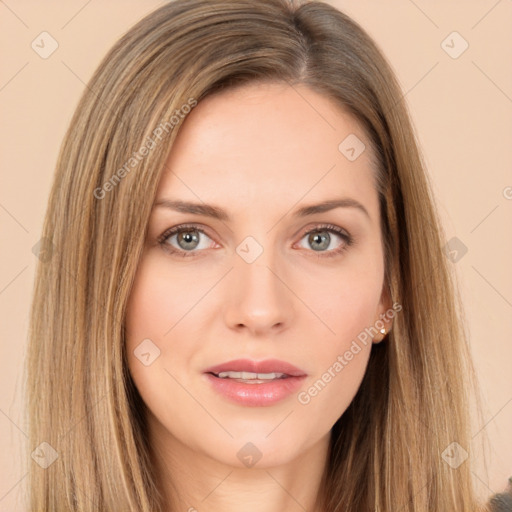 Neutral white young-adult female with long  brown hair and brown eyes