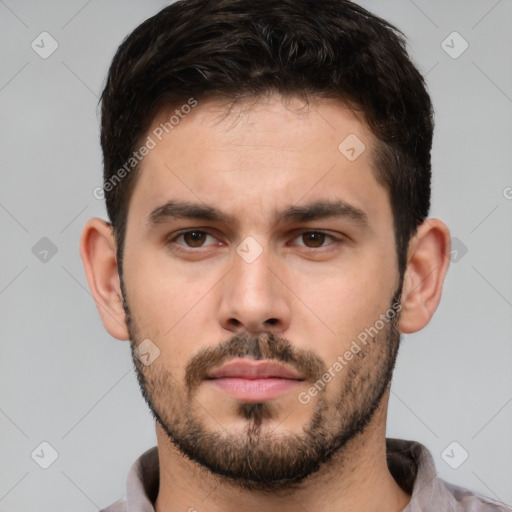 Neutral white young-adult male with short  brown hair and brown eyes