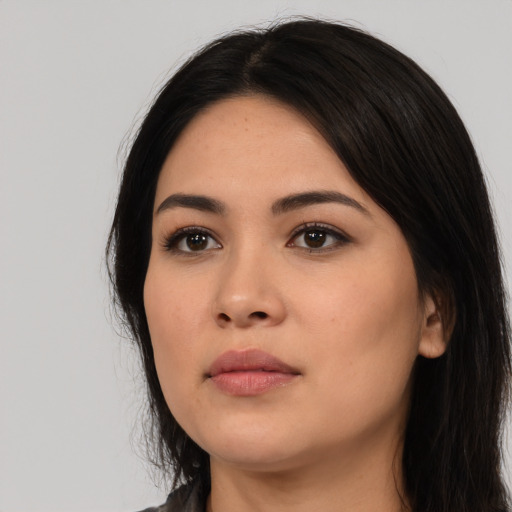 Neutral asian young-adult female with long  black hair and brown eyes
