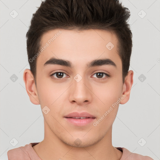 Neutral white young-adult male with short  brown hair and brown eyes