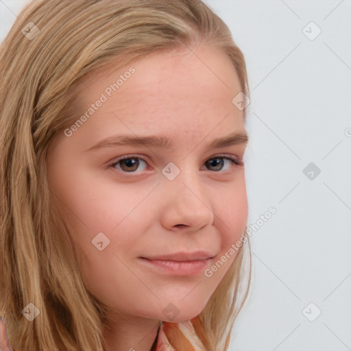 Joyful white young-adult female with long  brown hair and blue eyes