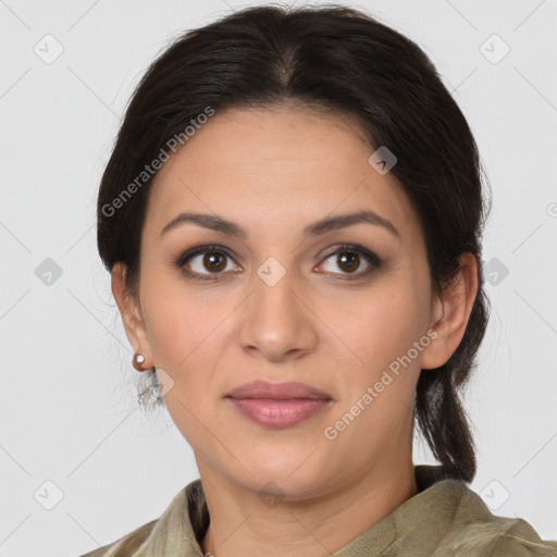 Joyful white young-adult female with medium  brown hair and brown eyes