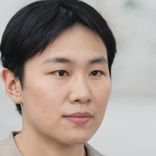 Neutral asian young-adult male with short  black hair and brown eyes