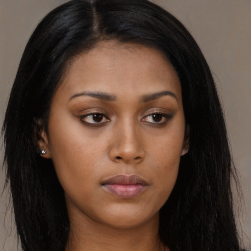 Neutral asian young-adult female with long  black hair and brown eyes