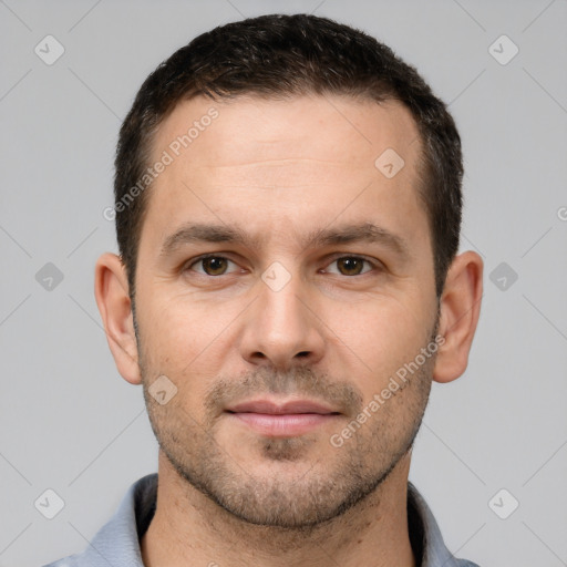 Neutral white young-adult male with short  brown hair and brown eyes