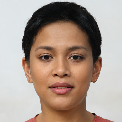 Joyful asian young-adult female with short  brown hair and brown eyes