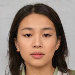 Neutral asian young-adult female with medium  brown hair and brown eyes