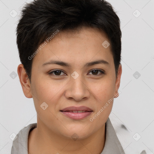 Joyful asian young-adult female with short  brown hair and brown eyes