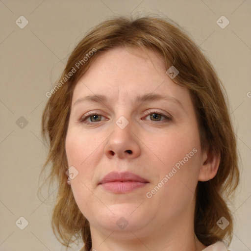 Joyful white young-adult female with medium  brown hair and blue eyes