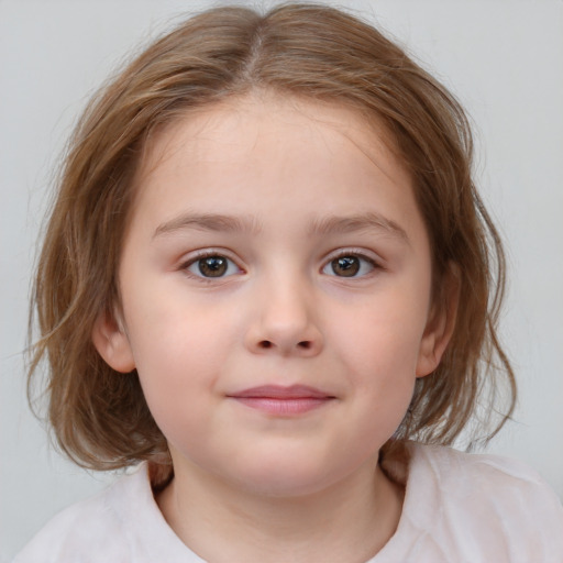 Neutral white child female with medium  brown hair and blue eyes