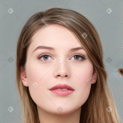 Neutral white young-adult female with long  brown hair and grey eyes