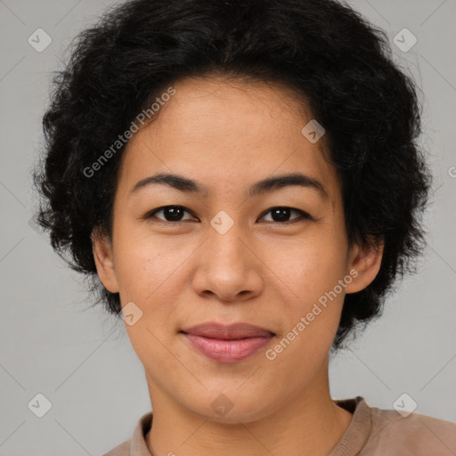 Joyful latino young-adult female with short  brown hair and brown eyes