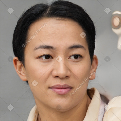 Joyful latino young-adult female with short  brown hair and brown eyes