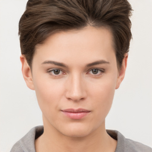 Neutral white young-adult female with short  brown hair and brown eyes