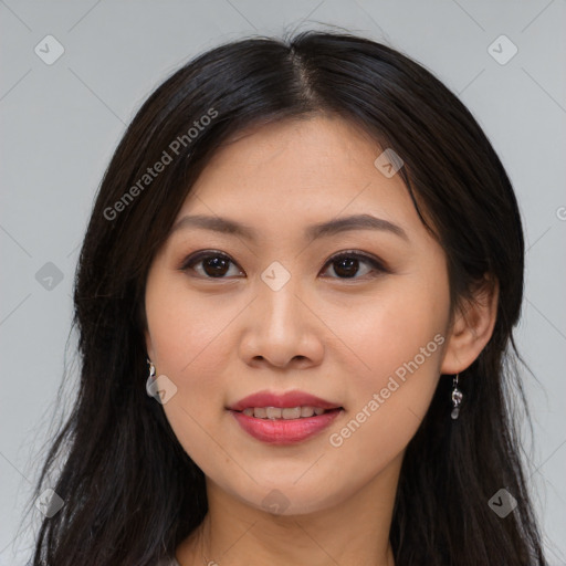 Joyful asian young-adult female with long  brown hair and brown eyes