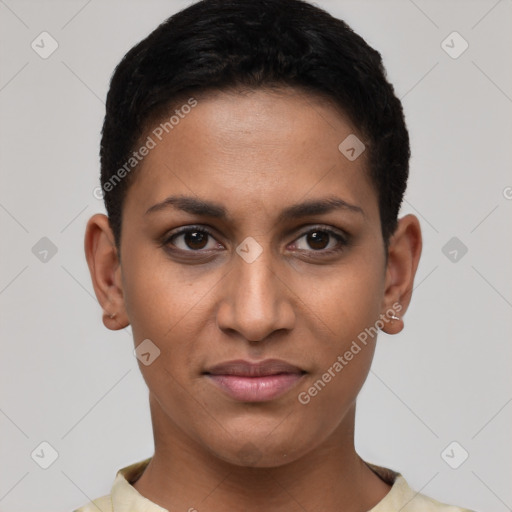 Joyful latino young-adult female with short  brown hair and brown eyes