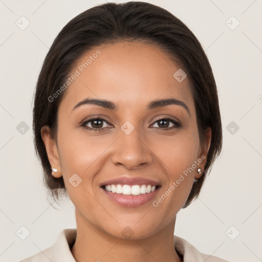 Joyful white young-adult female with medium  brown hair and brown eyes