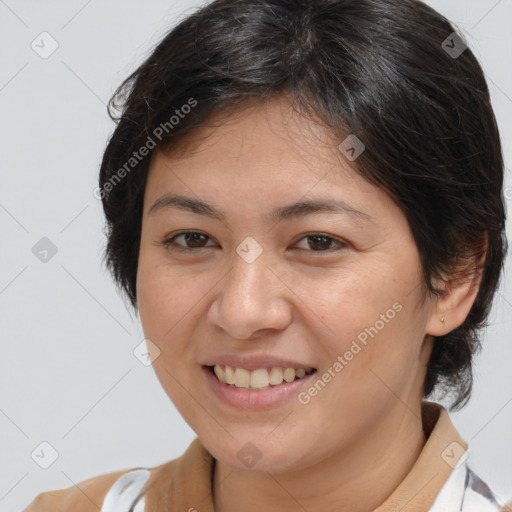 Joyful white young-adult female with medium  brown hair and brown eyes