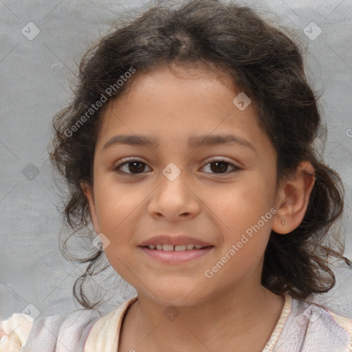 Joyful white child female with medium  brown hair and brown eyes