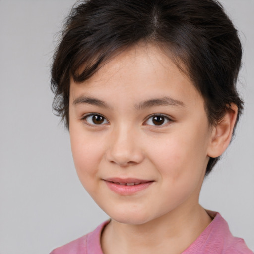 Joyful white child female with medium  brown hair and brown eyes
