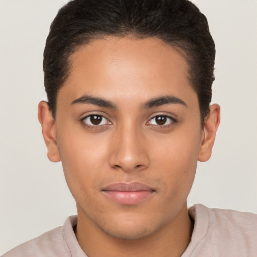 Neutral latino young-adult male with short  brown hair and brown eyes