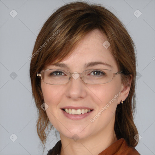 Joyful white young-adult female with medium  brown hair and blue eyes