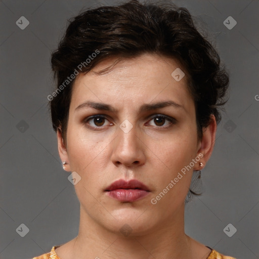 Neutral white young-adult female with short  brown hair and brown eyes