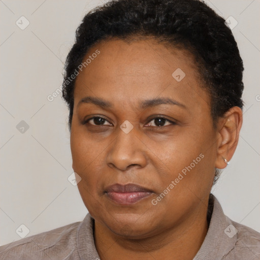 Joyful black adult female with short  black hair and brown eyes