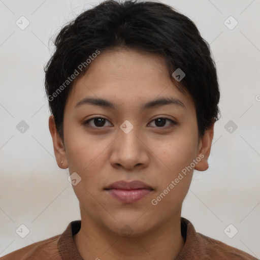 Joyful latino young-adult female with short  brown hair and brown eyes