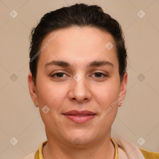 Joyful white young-adult female with short  brown hair and brown eyes