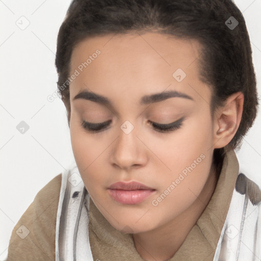 Neutral white young-adult female with short  brown hair and brown eyes