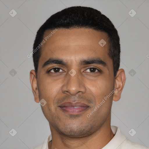 Joyful latino young-adult male with short  black hair and brown eyes