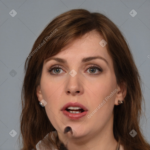 Neutral white young-adult female with medium  brown hair and brown eyes