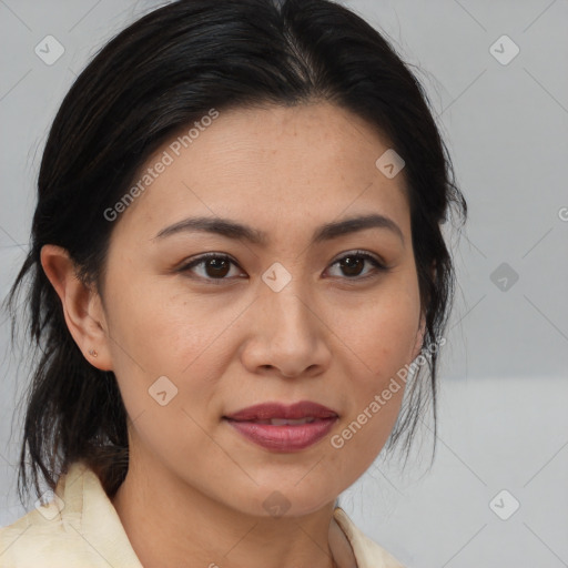 Joyful white adult female with medium  brown hair and brown eyes