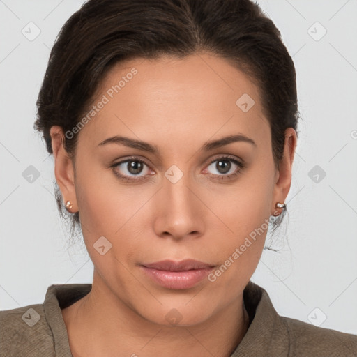 Neutral white young-adult female with short  brown hair and brown eyes