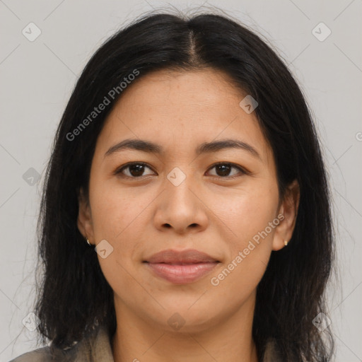 Joyful asian young-adult female with long  brown hair and brown eyes