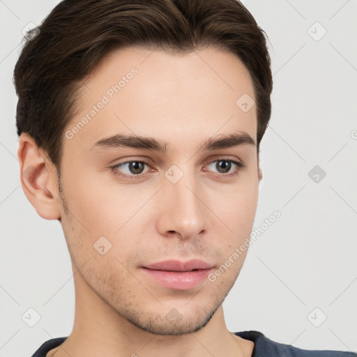 Neutral white young-adult male with short  brown hair and brown eyes