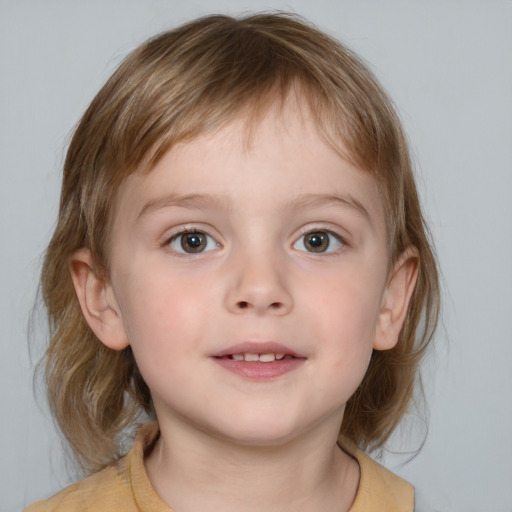 Neutral white child female with medium  brown hair and grey eyes