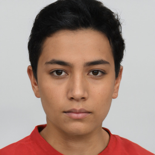 Neutral asian young-adult female with short  black hair and brown eyes