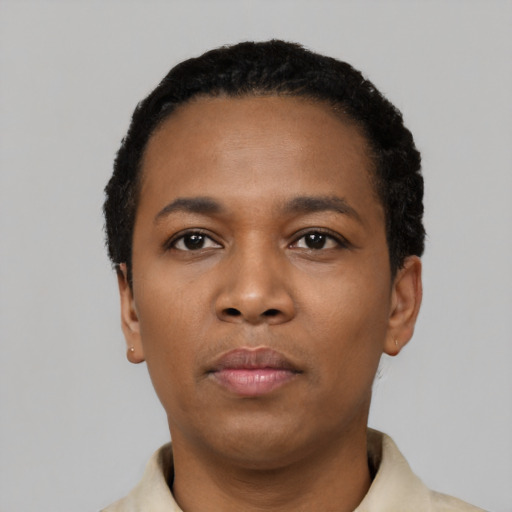 Neutral black young-adult female with short  black hair and brown eyes