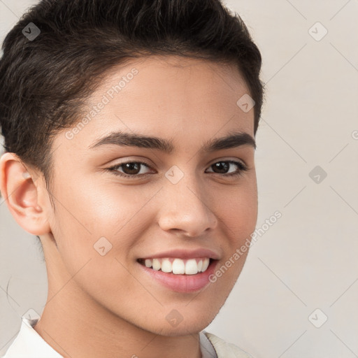 Joyful white young-adult female with short  brown hair and brown eyes