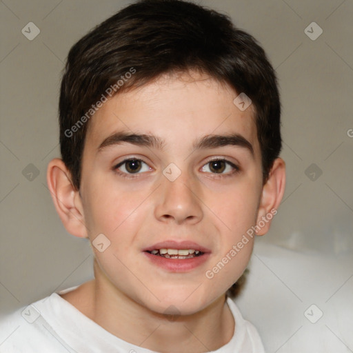 Joyful white child male with short  brown hair and brown eyes